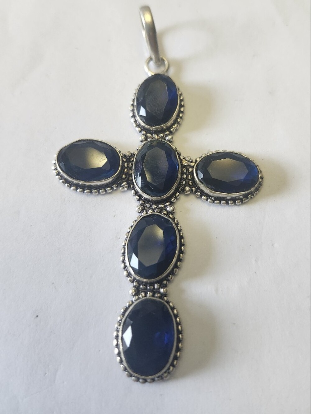 Silver Faceted Navy Blue Synthetic Sapphires Oval Cross Pendant New